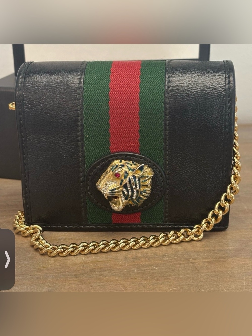 GUCCI Calfskin Web Rajah Card Case Wallet on chain Black 573790